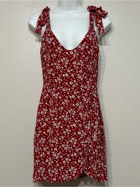 Reformation Yves Red & White Cottage Tie Strap Floral Print Mini Dress Size 2